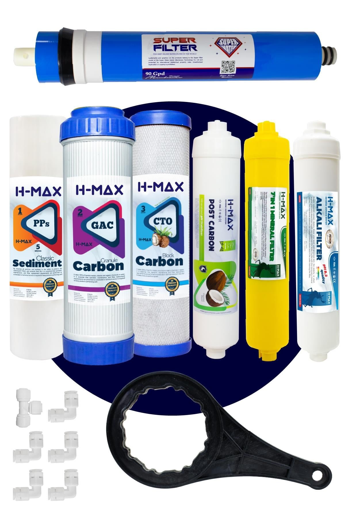 h-max-90-gpd-super-membranli-acik-kasa-ad2c95 H-max 90 GPD Süper Membranlı Açık Kasa Su Arıtma Çift Karbonlu 7'li Filtre Seti - 0043 - Görsel 1
