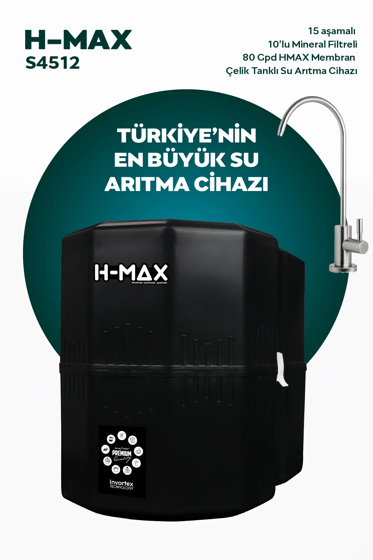 hmax-s4512-modeli-12-litre-15-asama-su-21de-4 HMAX S4512 Modeli 12 Litre 15 Aşama Su Arıtma Cihazı 80 Gpd Membran - Görsel 1