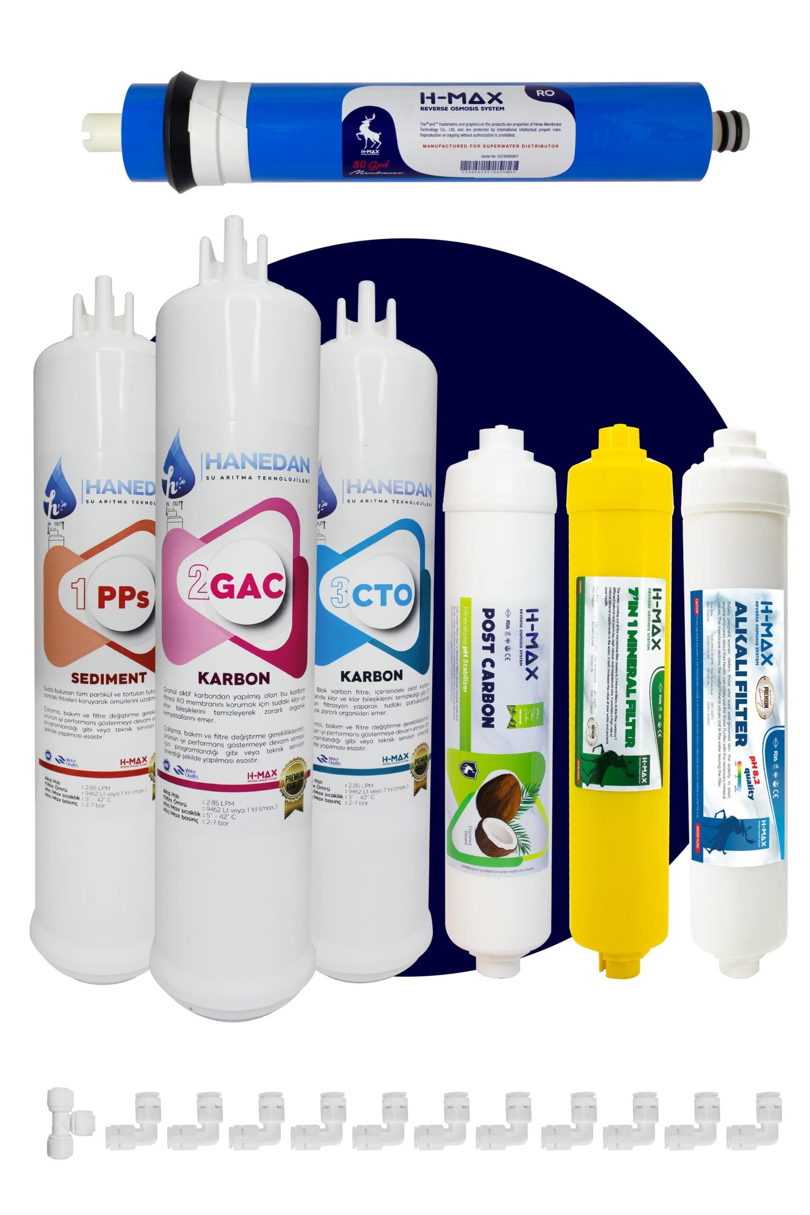 ustten-giris-ve-cikisli-cift-cubuklu-s-9cc1ef Üstten Giriş ve Çıkışlı, Çift Çubuklu Su Arıtma Cihazı Filtresi 80 Gpd Membranlı 7'li Filtre Seti - Görsel 1