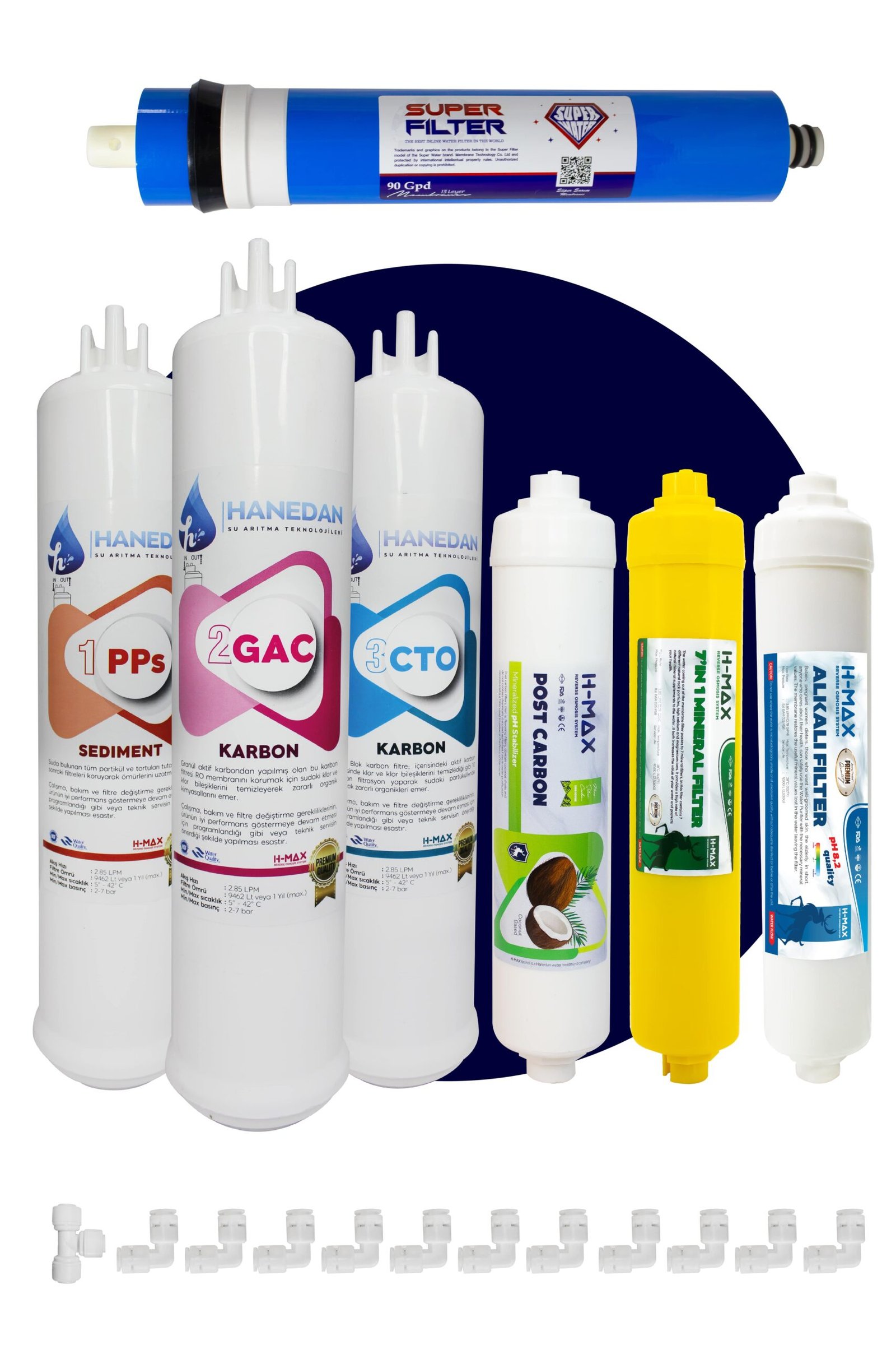 ustten-giris-ve-cikisli-cift-cubuklu-s-ab-7a0 Üstten Giriş ve Çıkışlı, Çift Çubuklu Su Arıtma Cihazı Filtresi 90 Gpd Süper Sarım Membranlı 7'li Filtre Seti - Görsel 1